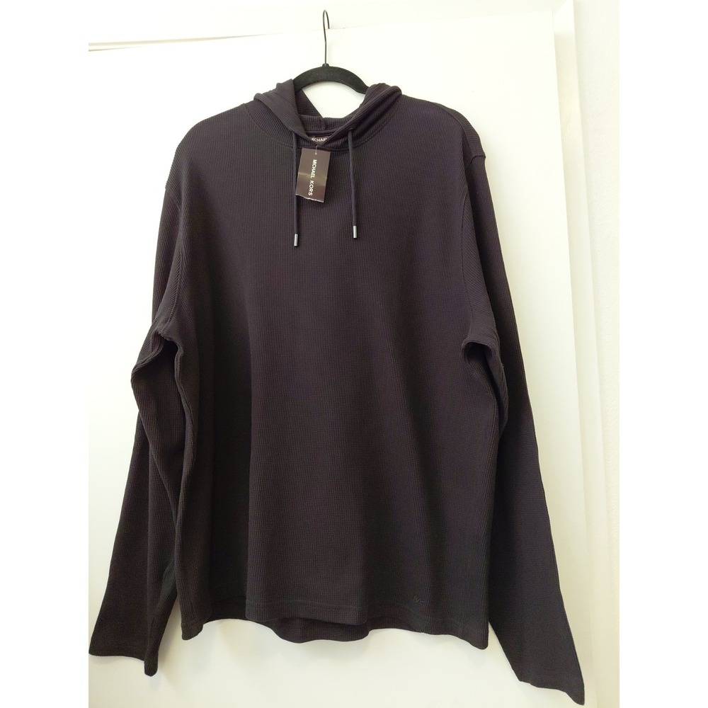 Michael Kors Waffle Knit Hoodie Men XL Black Resort Thermal Pullover Loungewear